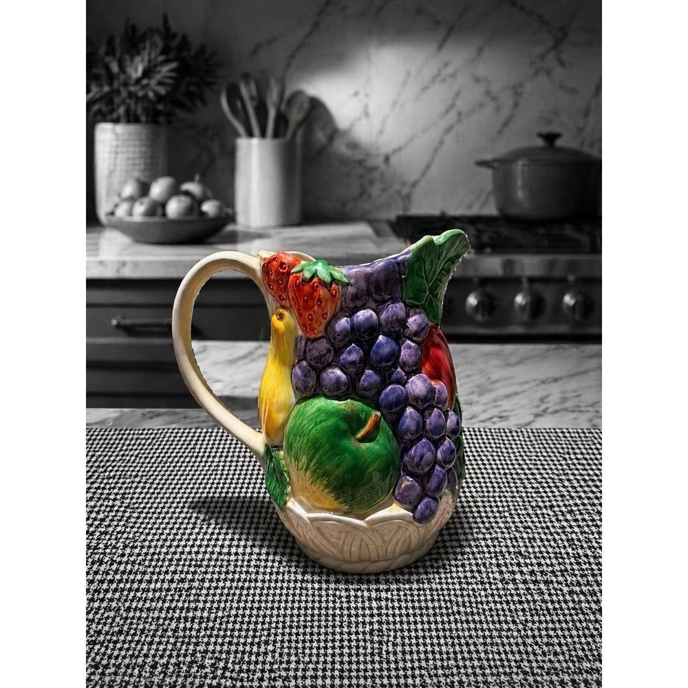 VTG Otagiri Hand Painted Collector Pitcher/vase Embossed 3D Fruit Basket Design